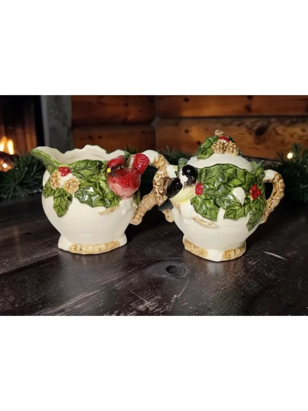 Cracker Barrel Holiday Garden Porcelain Creamer Sugar Cardinal Winter Crazing